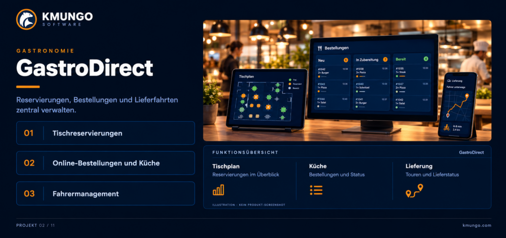 GastroDirect: Tischreservierung, Küchenbestellungen und Lieferroute auf Tablet und Smartphone